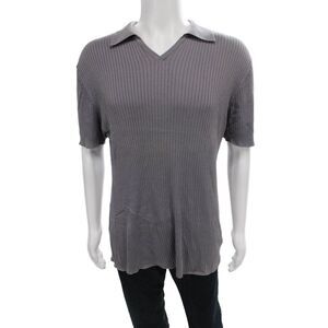 Armani Collezioni Mens Silk Striped Polo Gray Short Sleeve Size 2XL